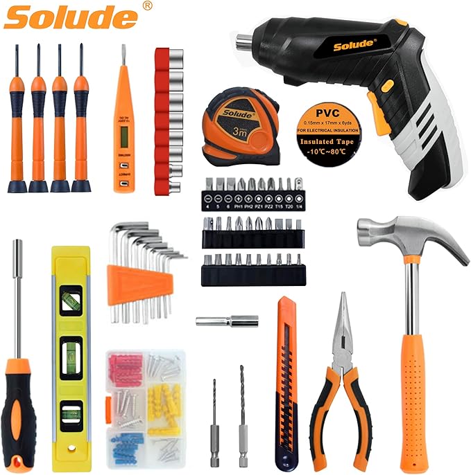 SOLUDE 130-Piece Home Tool Kit with 3.6V Electric Screwdriver,Basic Household Tool Set for New Home,Apartment,College Dorm and DIY Projects
