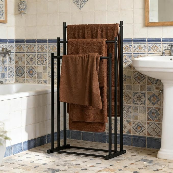 3-Tier Metal Towel Rail, Freestanding Towel Holder, Floor Standing Design, Black for Bathroom, Clothes Airer & Bathroom Accessories, Modern and Stable for Bedroom, Bathroom (Black)