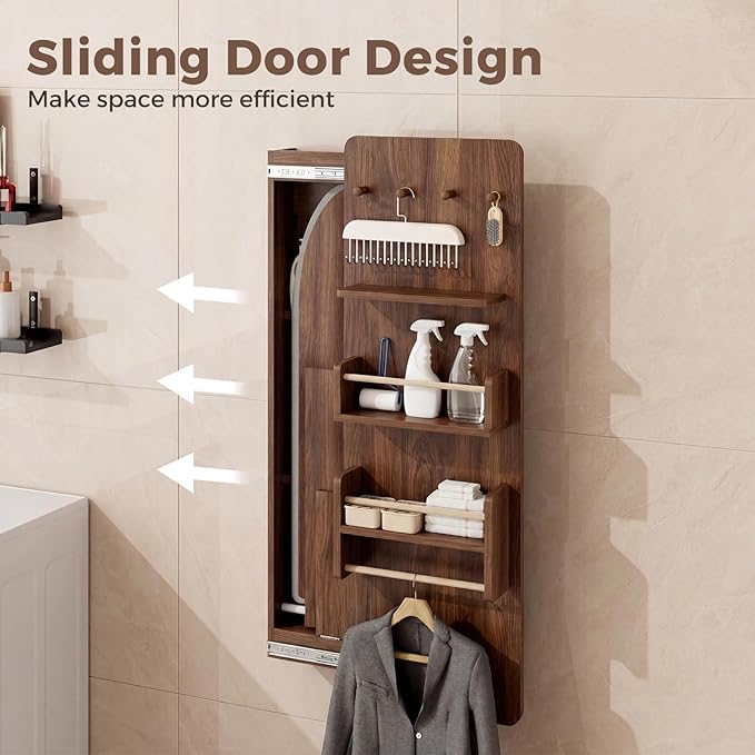 Kikihouse Wall Mounted Ironing Board Cabinet with Storage, Foldable Wall Ironing Board with Sliding Door, Wall Mount Space Saving Ironing Station for Laundry Room, Living Room, Entrance (Walnut)