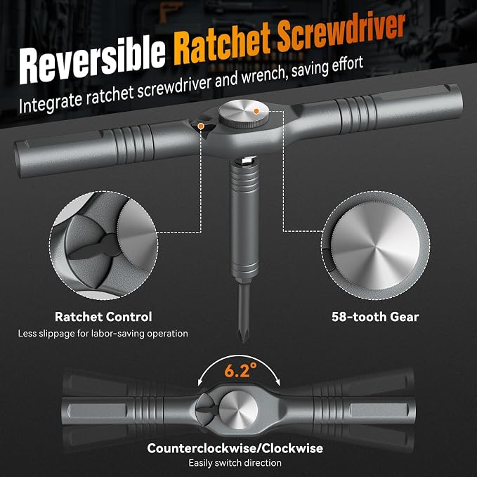 Housolution 43 in 1 Ratchet Screwdriver Set with Detachable Handle | 6.2° Ratchet Head, Multi S2 Steel Bit Free Combination, Portable Repair Tool Kit for Furniture, Computer, Bicycle, DIY