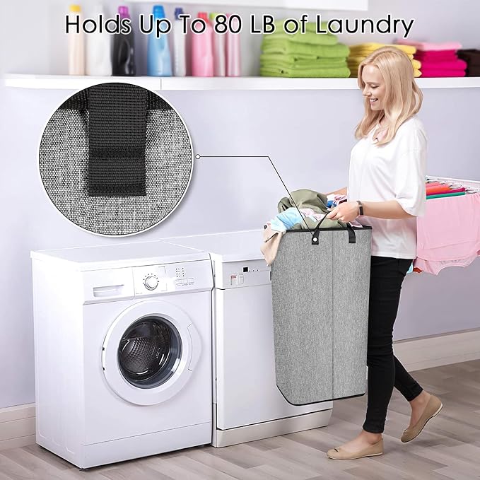 SNIGJAT Large Laundry Basket, 80 L Collapsible Tall Hamper with Handle Grey | Dirty Clothes Hamper for Bedroom, Rectangular Sturdy Laundry Basket for College, Dorm, Towels, Toys