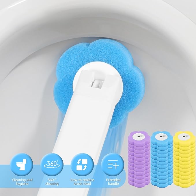 36 Pack Disposable Toilet Bowl Cleaner Wand Refills, 360° Sponge Replacement Heads for Wall Mounted Brush System, Hygienic Deep Cleaning Bathroom Scrubber Pads