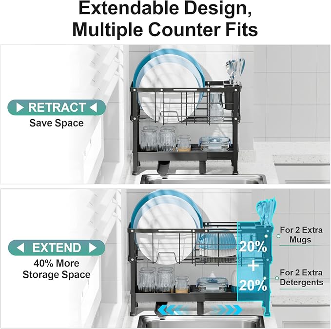 GSlife Narrow Dish Drying Rack, 2 Tier Small Dish Drainer for Kitchen Counter, Expandable Compact Dish Rack with Utensil Holder for RV/1-2 People, 15.7''-20.7''L x 7" D x 12.6" H, Black