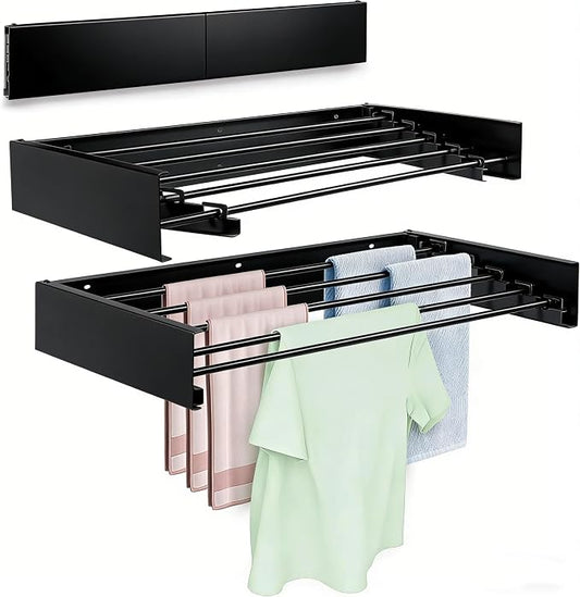Wall Mounted Laundry Drying Rack, Carbon Steel Foldable & Retractable Clothes Drying Rack, Space Saving Adjustable Towel Holder for Bathroom, Laundry, Small Spaces (1, Black, 50cm)