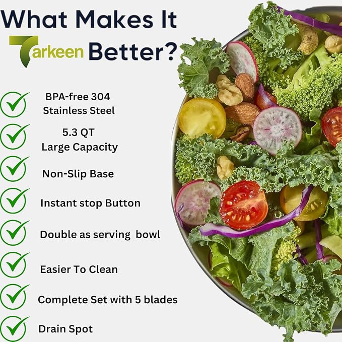 Stainless Steel Salad Spinner with Storage Lid, BPA-Free Lettuce Spinner, 5-in-1 Salad Bowl & Fruit Cleaner with Non-Slip Base, Dishwasher Safe, 5 Blade Slicer & Egg Yolk Separator, 5.3Qt