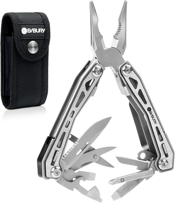 BIBURY Multitools BI2043, 17-in-1 Portable Multitool Foldable Spring-Loaded Pliers with Scissors, Can Opener & Screwdriver, Safety Locking EDC Tools for Camping Outdoor Activities Home Repair (Black)