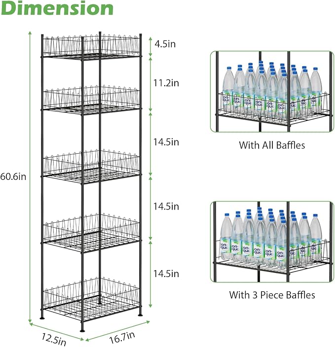 Water Bottle Storage Rack 5 Tier Drink Organizer for Pantry Metal Bottled Water Holder Stand for Floor, Beverage Soda Can Drink Storage Holder for Kitchen, Living Room