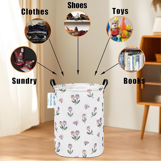 Round Laundry Basket Collapsible Storage Hamper Organizer Romantic Tulip | Waterproof Canvas Foldable Baskets with sturdy Handles Multi-scene Organizer for Home Play Bedroom Gift Bin