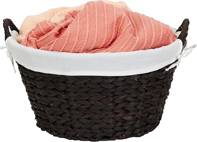 Household Essentials Round Wicker Laundry Basket with Handwoven Water Hyacinth, Metal Frame Support, and Removable Polyester Liner, Brown Finish and White