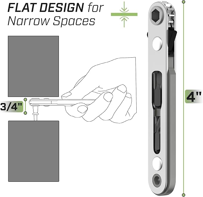 Bates- Mini Ratchet Wrench, 1/4" Magnetic 90 Degree Screwdriver, Gray, Low Profile Right Angle Screwdriver for Tight Spaces