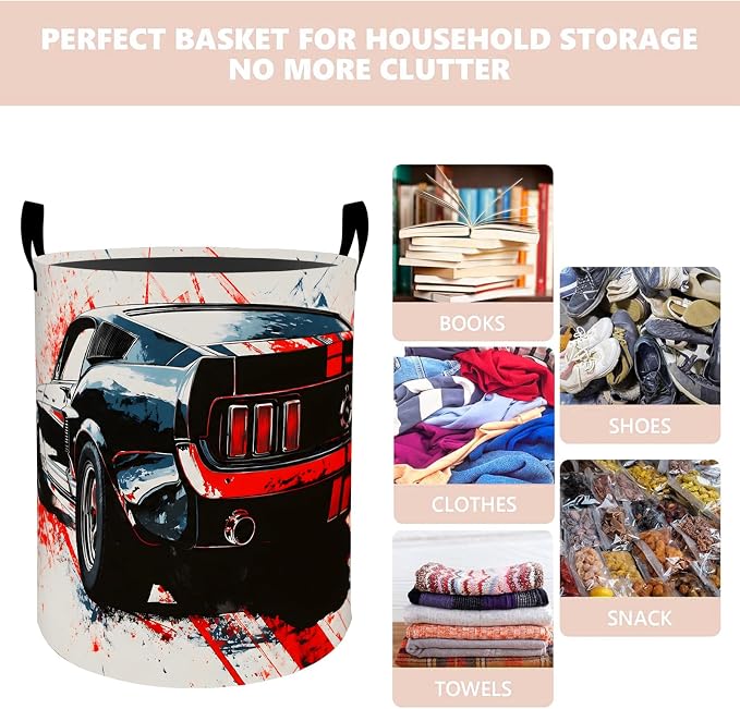 Muscle Car Laundry Basket Hamper 19.7"x15.8", Organizer Bins Gifts for Kids Boys Girls, Classic Sports Car Foldable Waterproof Oxford Clothes Storage Bucket for Bedroom Bathroom Decor