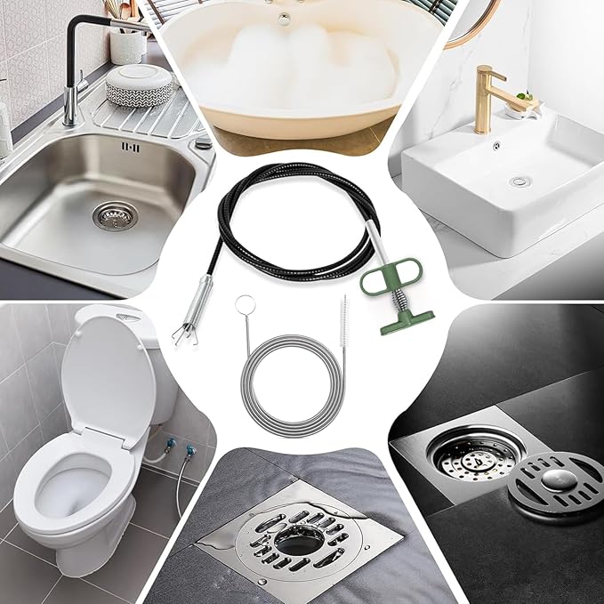 2-in-1 Drain Cleaning Tool Kit, 33" Flexible Drain Snake Clog Remover & 60" Drain Brush for Shower, Sink, Bathtub & Kitchen