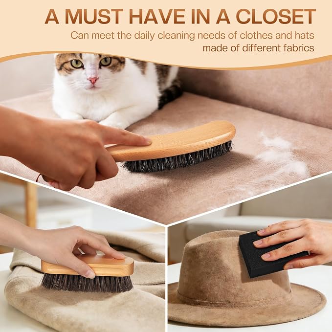 4 Pcs Horsehair Felt Hat Brush Kit with Cleaning Sponge Cowboy Clean Hat Wood Fedora Hat Cleaning Set Baseball Cap Lint Brush Remove Dust for Hair Furniture Suits Clothes(Style G)