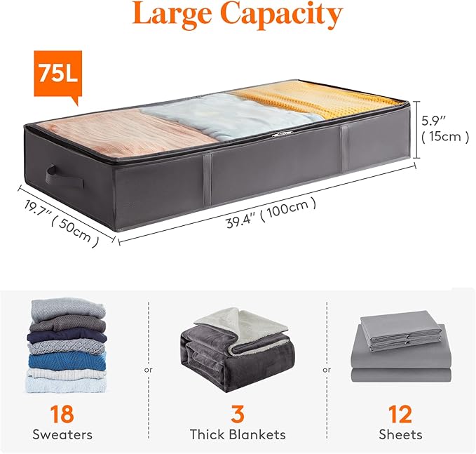 Lifewit Under Bed Storage Containers 4 Pack, Large Capacity Blanket Storage Bags with Reinforced Handle, Organization and Storage for Clothes, Sheets, Towels, Bedroom, Closet, College Dorm, Grey