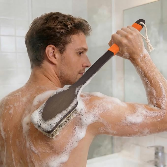 Back Scrubber Shower Brush,Dry Brushing Body Brush with 17.7 Inch Curved Long Handle, Natural Bristles for Lymphatic Drainage, Soft & Stiff Bristles Available (Orange Handle, Medium)