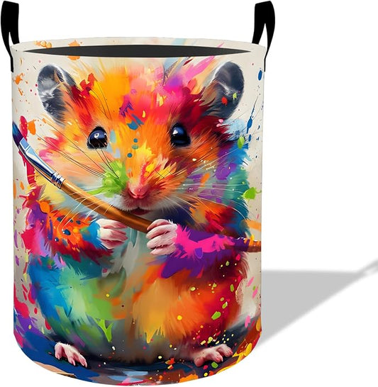 Colorful Artist Hamster Laundry Basket Hamper 19.7"x15.8", Organizer Bins Gifts for Kids Boys Girls, Animal Foldable Waterproof Oxford Clothes Storage Bucket for Bedroom Bathroom Decor
