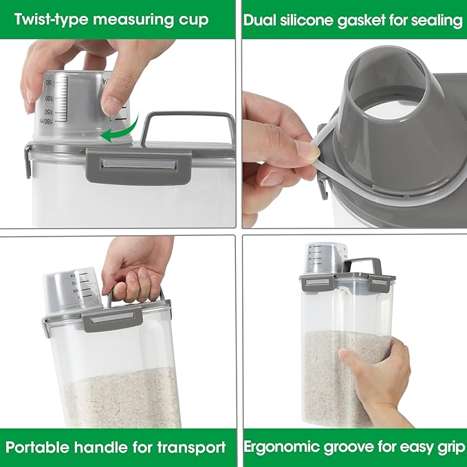 TBMax Rice Container Cereal Storage Container 2 Pack 5 Lbs, Kitchen Pantry Dry Food Storage Holder with Easy-Pouring Spout & Handy Cup, Small Pet Dog Cat Food Dispenser for Daily Feeding -Grey