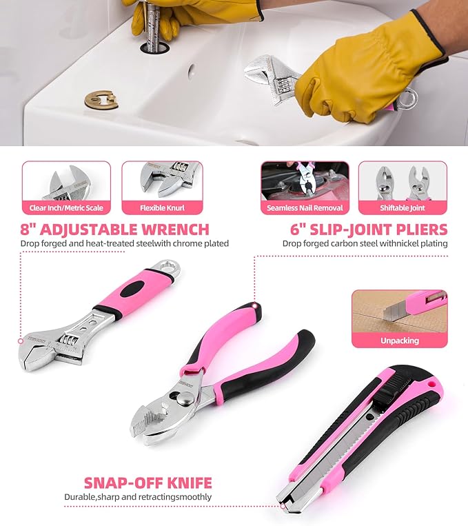 DOWELL 123-Piece Pink Home Repair Tool Kit for Women & Girls | All-in-One DIY Toolkit with Ergonomic Handles, Durable Toolbox, Non-Slip Grips | Perfect Gift for- Wives| Moms, Crafters