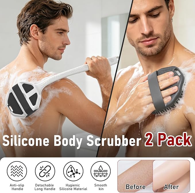 Back Scrubber for Shower 2 Pack, Silicone Body Scrubber with Long Handle, Detachable Body Wash Bath Scrubber Shower Scrub Brush -Dense Bristles Exfoliating & Lather Well for Women Men Black & Grey
