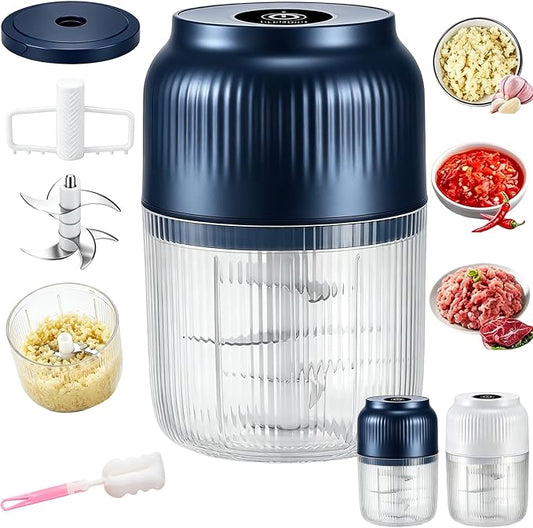 Household Electric Garlic Crusher, Upgraded Mini Electric Food Chopper, 350ml 6 Blades USB Rechargeable Garlic Mincer with Lid & Egg Beater for Onion Ginger Chili (Blue)