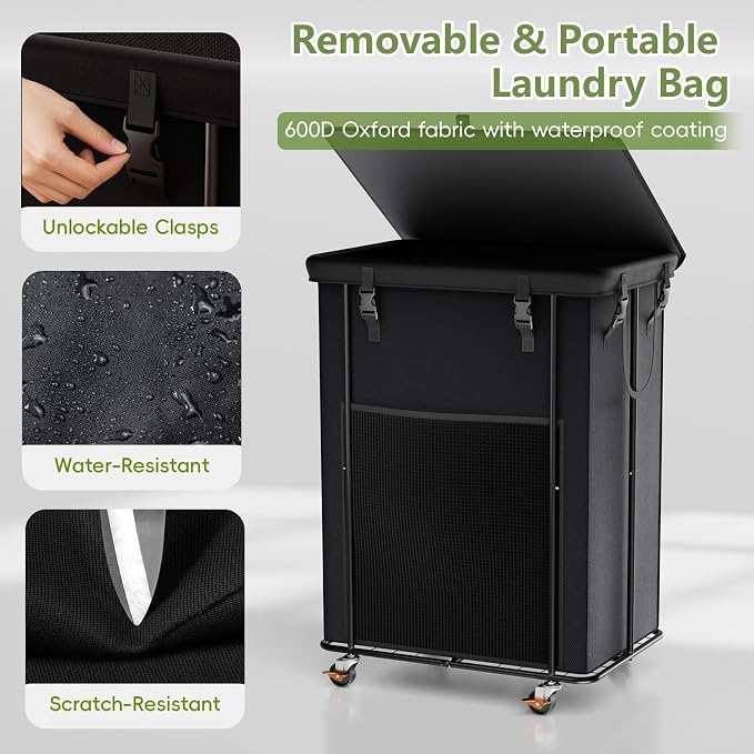 220L Laundry Hamper with Lid & Wheels, Rolling Laundry Basket with Bag | Sturdy Metal Frame | Laundry Bag with Handles| Large & Tall Clothes Hampers for Laundry Room, Bedroom, Dorm, Bathroom-Black