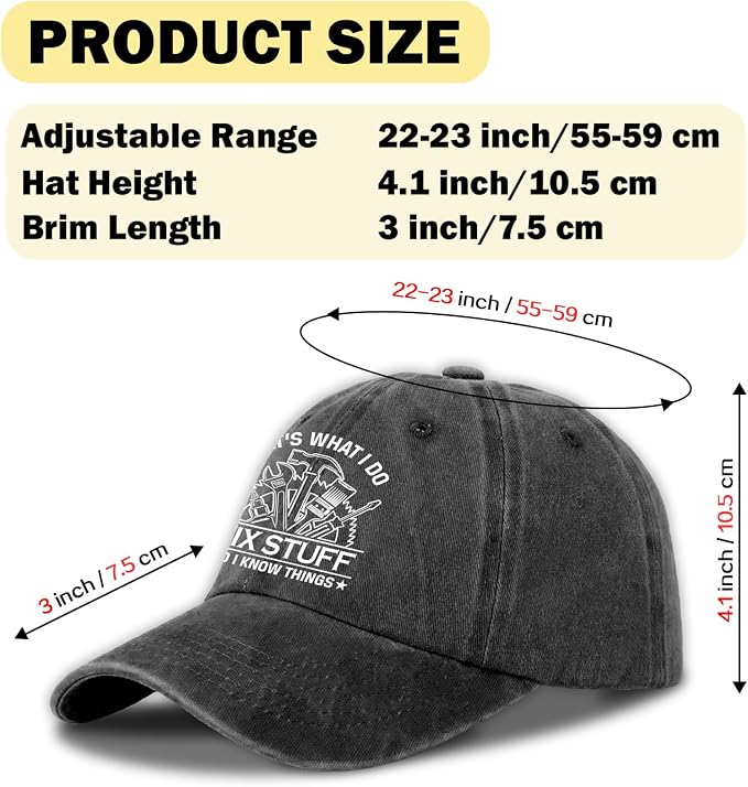 Funny Tool Hats That's What I Do I Fix Stuff and I Know Things Printed Cotton Adjustable Baseball Caps Men's Distressed Black Baseball Hats Trendy Birthday Gifts for Dad Husband Neighbor