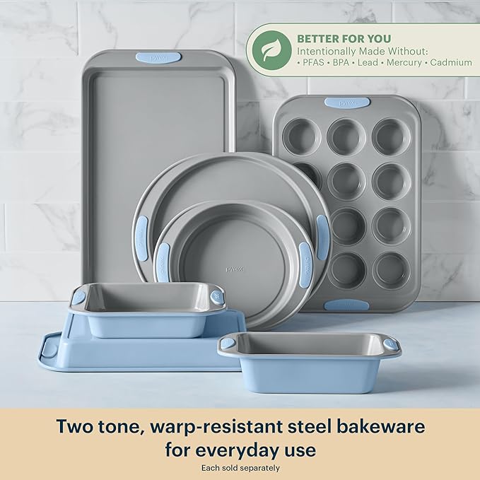 Pyrex 3-Piece Metal Cookie & Muffin Sheet Bakeware Set, Lightweight Stainless Steel Baking Trays with Heatsafe Silicone Handles, Cookie Muffin Sheet Baking Pan, Cerulean