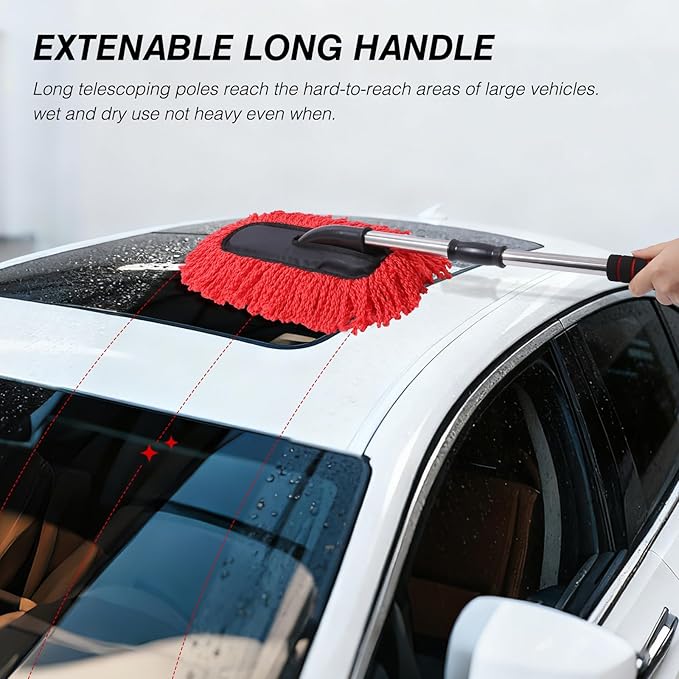 IPELY 3 Pack Large Red Microfiber Car Duster Exterior Scratch Free with Extendable, Car Duster Interior Multipurpose dust Cleaning