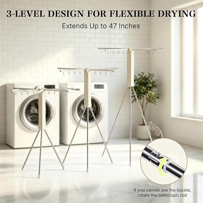 Foldable Clothes Drying Rack, Adjustable Windproof Laundry Drying Rack with Grooves & Clips, Outdoor Clothes Drying Rack Stand for Indoor Outdoor,Travel, Camping, Hotel, RV, Small Apartment