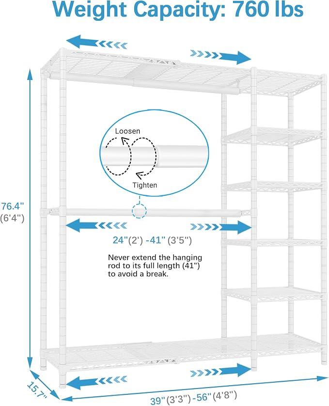 VIPEK X2 Expandable Reach-in Closet Racks Adjustable from 3'3" to 4'8" Portable Open Walk-in Closet Rack System with Flexible Shelves and Hanger Rods Clothing Rack for Hanging Clothes, White
