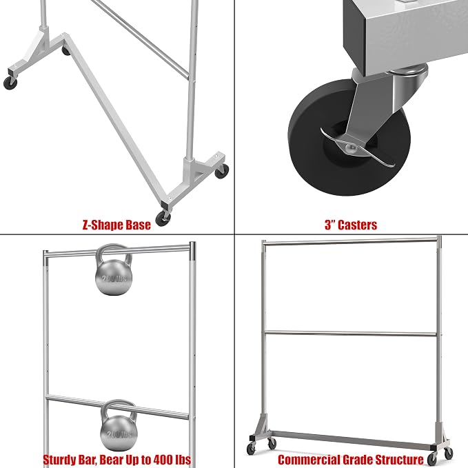 Simple Houseware Commercial Grade Z-Base Double Rod Garment Rack, 600lb Load, 63 inch, Silver