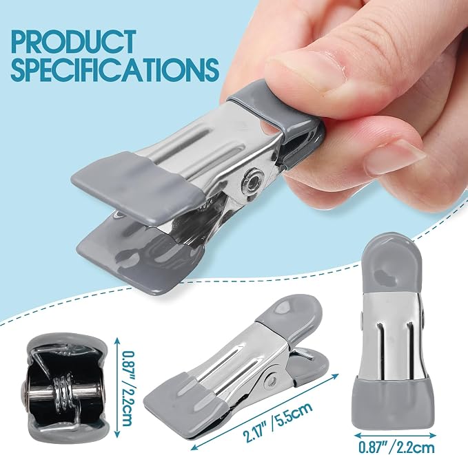 Clothes Pins Heavy Duty, 30 Pack, 2.17 Inch Metal Chip Clips, Gray | Clothespins for Photo Drying Clothesline Laundry Sock, Bag Clips for Food Kitchen Stainless Steel with Rubber