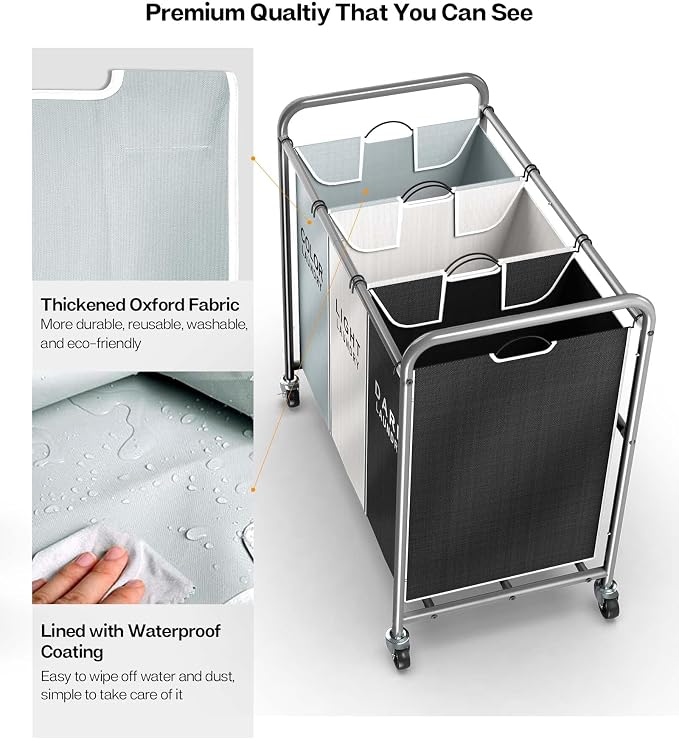 ROMOON Laundry Sorter Hamper 3 Section, Divided Laundry Basket Organizer | Rolling Clothes Hamper with Heavy Duty Lockable Wheels and Removable Bags for Apartment, Dorm & Family, 135L, Multicolor