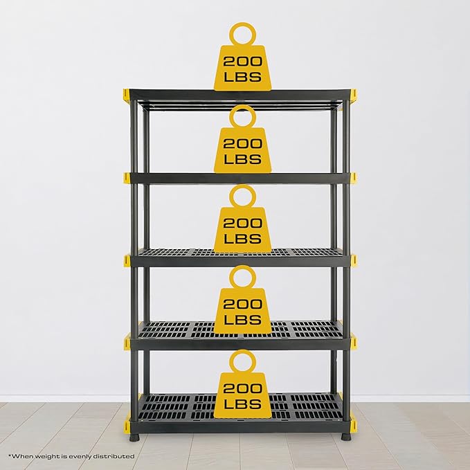 CX 5-Tier Heavy Duty Plastic Storage Shelves for Garage Organization | Freestanding garage utility rack with easy assembly, 5 shelves at 200lbs/Shelf, 72H x 48W x 20D, Black & Yellow, Made in USA