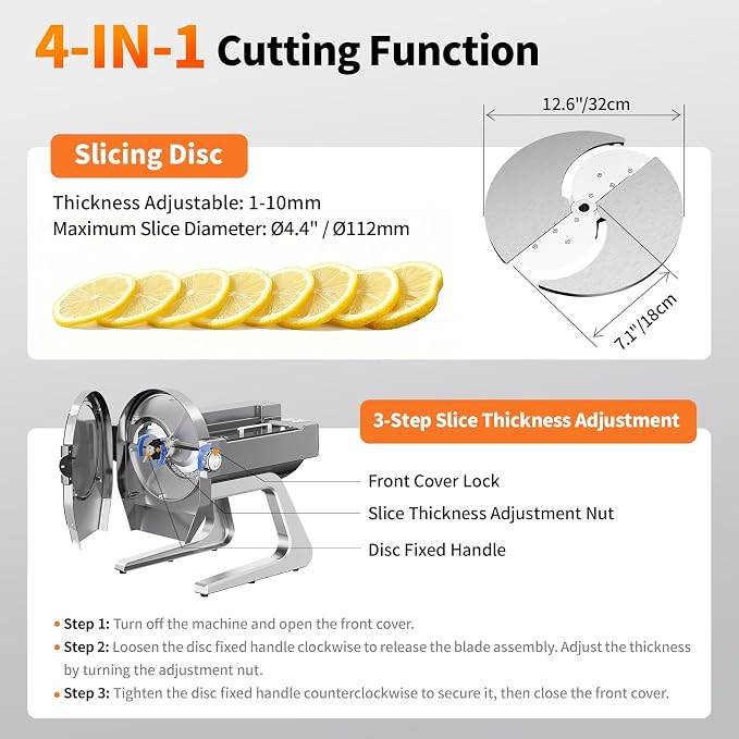 Commercial Vegetable Chopper, 300W Auto Feed Stainless Steel Vegetable and Meat Slicer, 4-In-1 Food Cutter Machine with 1-10mm Slicing, 3mm Shredding & 2 Dicing Sizes, 440LBS/H Output, 110V