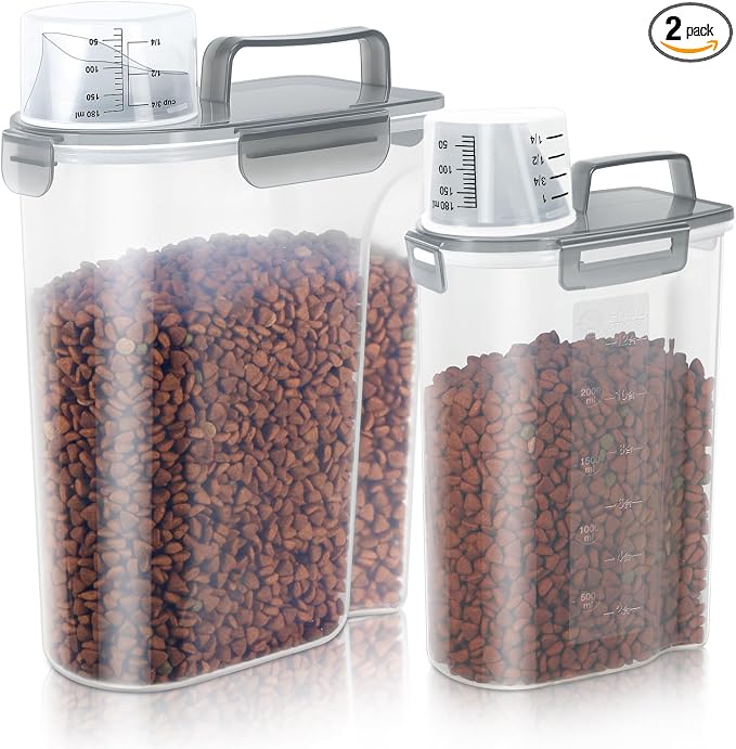 LEAWALK (3+5LBS 2Pack Cat Dog Food Storage Container Upgraded Large Nozzle BPA-free, Plastic Pet Food Containers, With 4 Sealed Clasps/1 Measuring Cup/Handle Easy Clean and Carry (Clear Grey)
