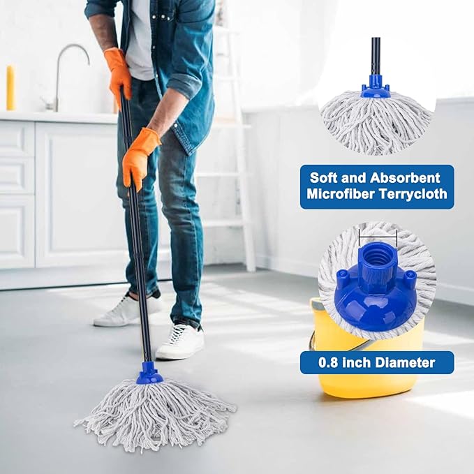 KeFanta Mop for Floor Cleaning,2 Pcs Cotton String Wet Mops Replacement Head Refill Compatible with Microfiber Cloth Mop & 0.8" Diameter Mops Handle(1 Handle & 2 Heads)
