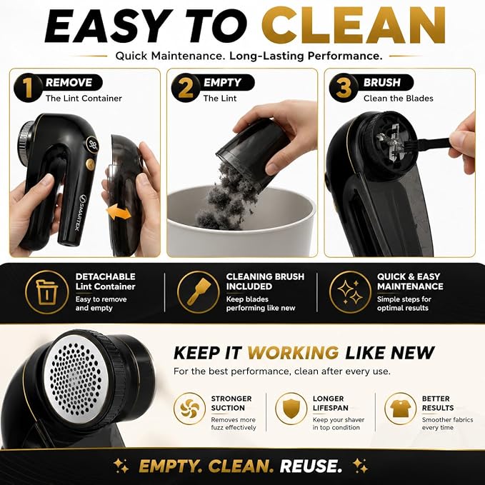 Smartek Rechargeable - Fabric Shaver for Clothes - Lasts for Hours Between Charges - 2-Speeds with High and Low Lint Shaving Modes - Built-in LED Screen - Lint Shaver for Removing Fuzz and Pilling