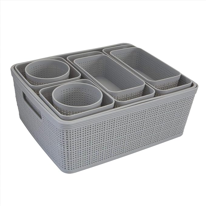 Simplify 10 Piece Organizing Set Multiple Size Bins Multipurpose Office, Desk, Dorm, Bathroom, Storage Basket, Small Items & Accessories | Grey (Pack of 6)