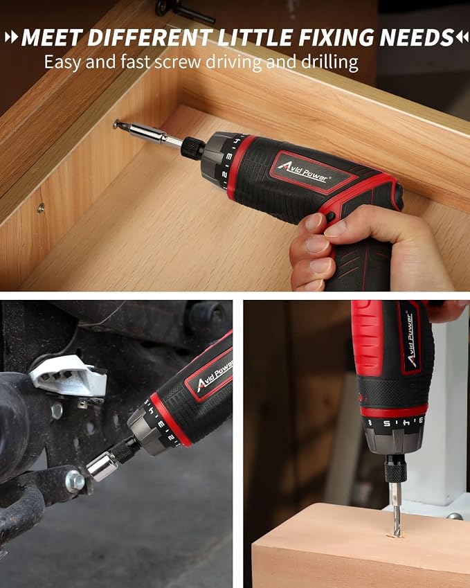 AVID POWER 4V Electric Cordless Screwdriver Set 5.65Nm 44 Bits with Case | 5.65Nm, 5+1 Torque Settings, 2-Position Handle, 44 Accessories, LED Light, for Precision Assembly & Furniture Installation
