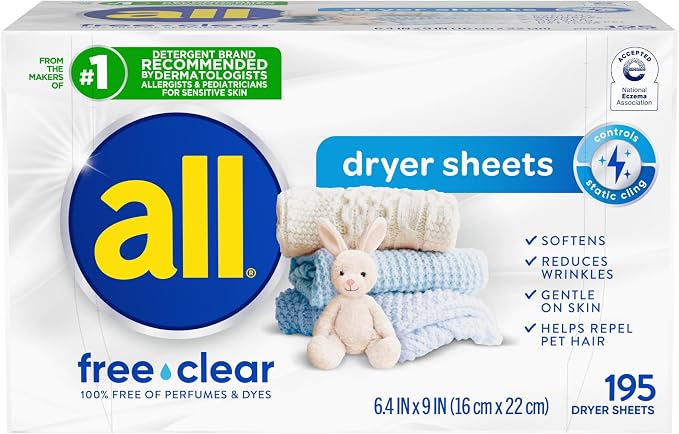 all free clear Fabric Softener Dryer Sheets for Sensitive Skin, 195 Count, Hypoallergenic, Unscented, Dye Free, Controls Static Cling, Reduces Wrinkles, Dermatologist Tested, HE Safe