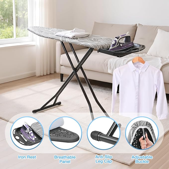 APEXCHASER Foldable Ironing Board Full Size, Iron Board with Heat Resistant Cover, Iron and Ironing Boards Set with 7-Lever Height Adjustable, Iron Table Stand with Non-Slip Metal Legs 14x54, Grey