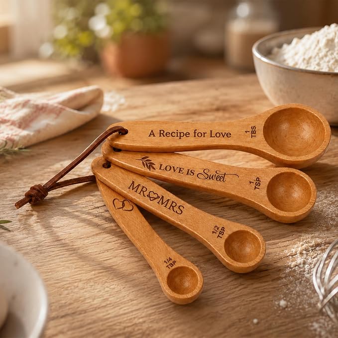 Wedding Gifts for Couple, Mr ＆ Mrs Wooden Measuring Cups and Spoons Set, Engagement Gift for Newly Engaged, Bridal Shower and Bachelorette Gifts for Bride, Kitchen Gadgets for Cooking & Baking