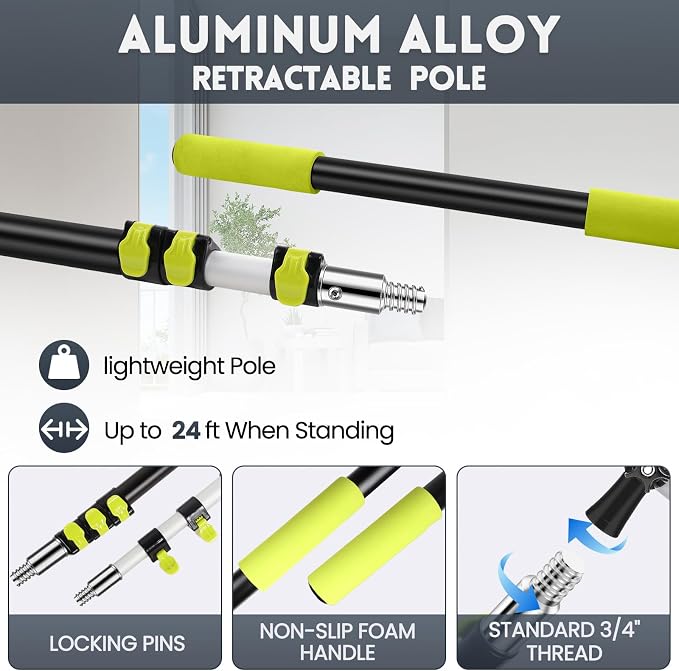 【Upgrade Anti Rotation 】 30FT High Reach Duster Kit,(18FT+6FT) Lightweight Aluminum Alloy Extension Rod,7-Piece Set,210° Steering Head Clean Various Angle,for Cleaning Ceiling,High Wall