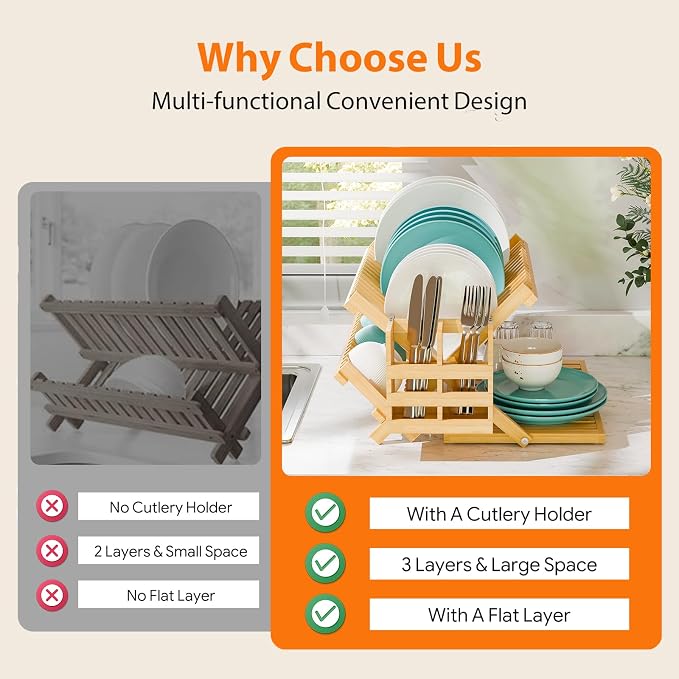 Simple Trending Bamboo Dish Drying Rack, 3 Tier with Utensil Holder | Collapsible Dish Rack, Large Foldable Dish Drainer for Plates, Cups, Bottles, Utensils, Kitchen Counter, Space Saving