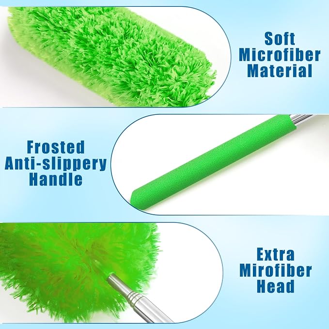 Tanlade 12 Pcs Microfiber Feather Duster for Cleaning, Extendable 13-31 Inch Ceiling Fan Duster with Bendable Head, Washable Tools for Ceiling Fans, Furniture, Car, Cobwebs (Green)