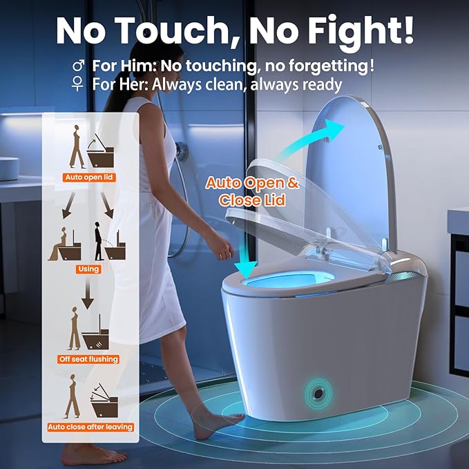 Smart Bidet Toilet with Tank, One Piece Elongated Heated Toilet with Auto Open/Close Lid, Foam Shield, Auto Flush, Foot Sensor, Self-Cleaning Nozzle, Anti-Splash Water-Saving Modern Bathroom Toilet