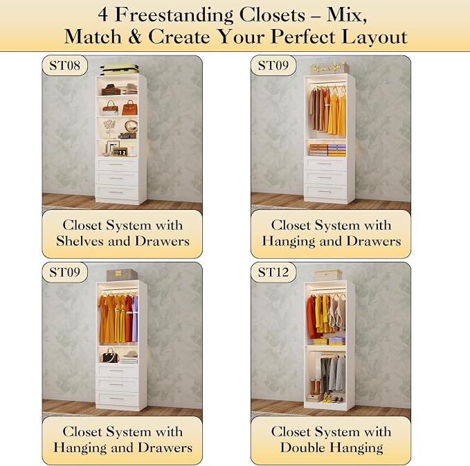 Closet System with 4 Sets, 8-21FT Closet Organizer System with 9 Drawers & 6 Shelves & 8Hanging Rods, Custom L-Shaped Walk in Closet Organizers and Storage System, Modular Closet Shelving System,White