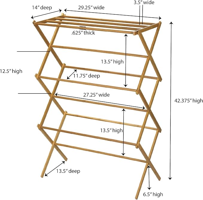 Household Essentials Bamboo Folding Clothes Drying Rack, Upscale Laundry Rack with 11 Dowels, Environmentally Friendly, Stable Frame, Shelf for Drying Flat
