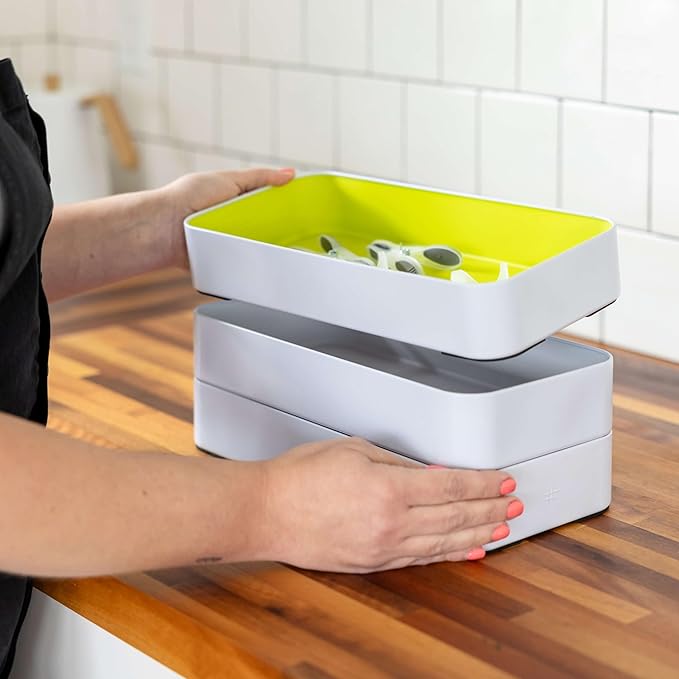 Three by Three Seattle Metal Drawer Organizer Tray Set, 6-Pc, 2" (Classic) | Deep 2" food-safe colorful metal bins; soft non-scratch base; kitchen, vanity, bathroom & office drawer storage